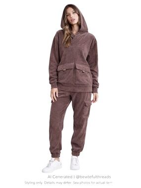 Oversized Corduroy Lounge Set Brown Hoodie Cargo Joggers Fits M-L